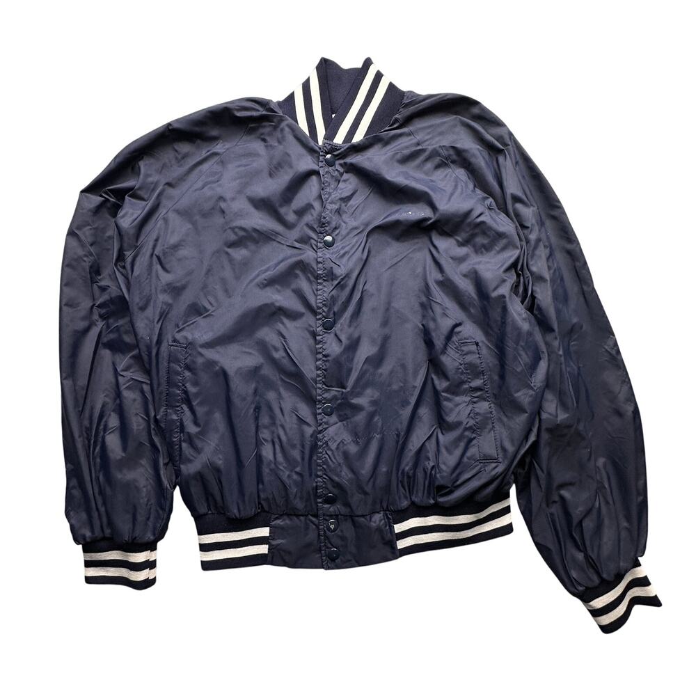 Vintage 70s Win Wear Nylon Varsity Button Lined Jacket Men Large Navy Blue Snap